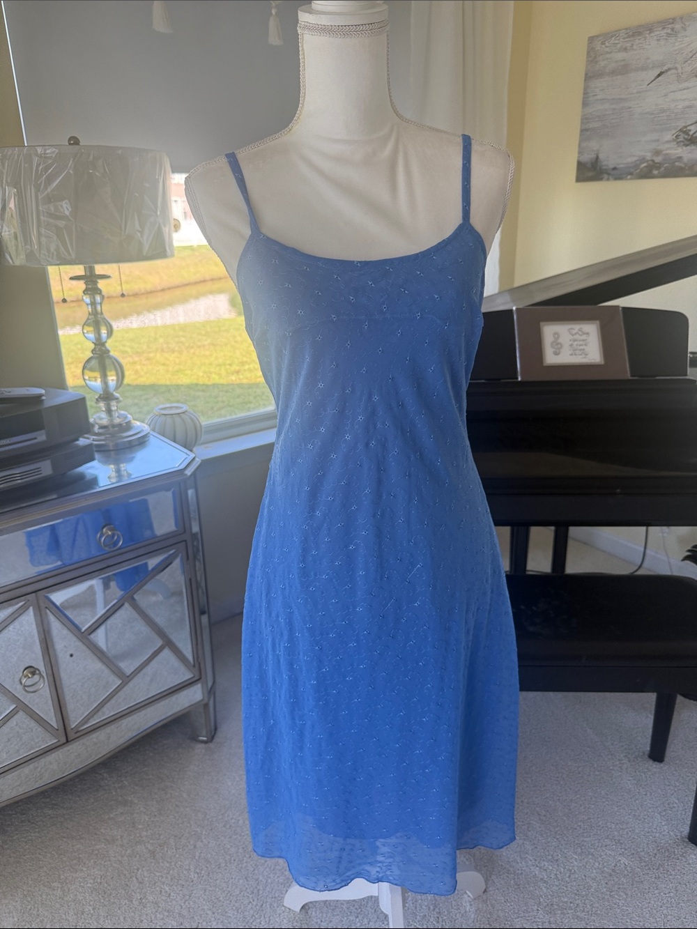 Miss Mimi Blue lace overlay embroidered slip sun dress midi womens